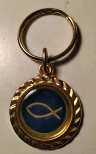 Ichthus Jesus Fish Christian Keychain Blue Gold Color - Picture 1 of 3
