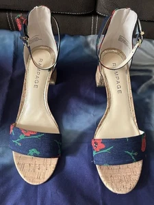 Rampage Navy Poppy Flower Dress Cloth Sandal Sz 9.5, Cork Heel, Never Worn - Picture 1 of 3