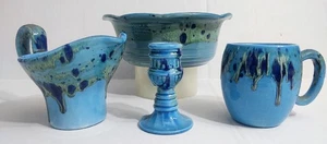 Lot of 4 Bar Harbor Maine Blue Speckled Glazed Bowl Cup Pitcher Candlestick - Picture 1 of 12