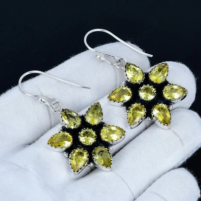 Citrino Gemma Orecchini 925 Argento Sterling Boho Gioielli Per Natale Regali - Immagine 1 di 4