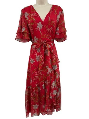 Vestido Vince Camuto Envolvente 10 Rojo Floral Manga Corta Volantes Gasa Invitado Boda Foto 1 de 4