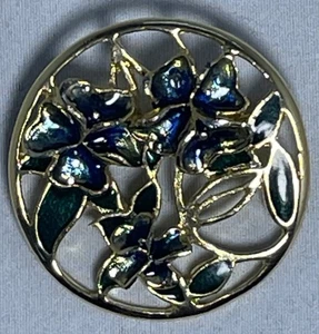 Vintage blau und grün Cloisonné Kleeblatt goldfarben rund Brosche Anstecknadel - Bild 1 von 4