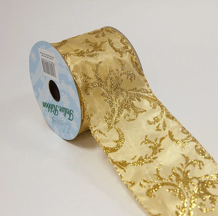 Damask Design Christmas Ribbon Gold Red Glitter 63mm x 10yds Xmas Gift Wrapping - Image 1 of 1