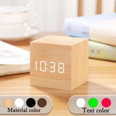  Wooden LED Alarm Clock Small Square Digital Wood Retro Glow Desktop Table Decor - Image 1 of 4