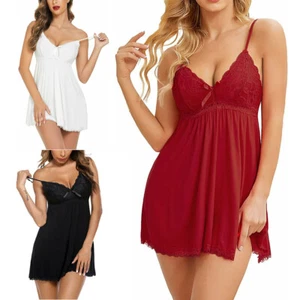 Women's Sexy Sleepwear Lace Chemise V-neck Modal Babydoll Nightgown Underwear US - Picture 1 of 25