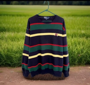 Vintage POLO RALPH LAUREN Golf Crest Pullover Sz M Stripe Sweatshirt Hong Kong - Picture 1 of 7