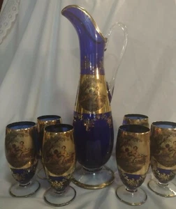 Bohemia Blue Glass Set Portrait Wine Ewer Pitcher Decanter 6 Goblets  Gilt - Picture 1 of 10