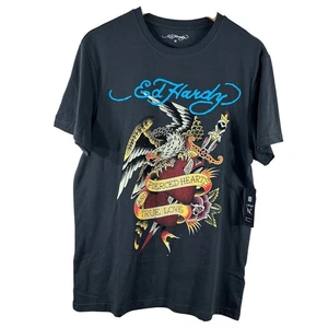 Ed Hardy Men's Shirt Charcoal Cotton Rhinestone Eagle Sword Artsy Tattoo Size M - Picture 1 of 10