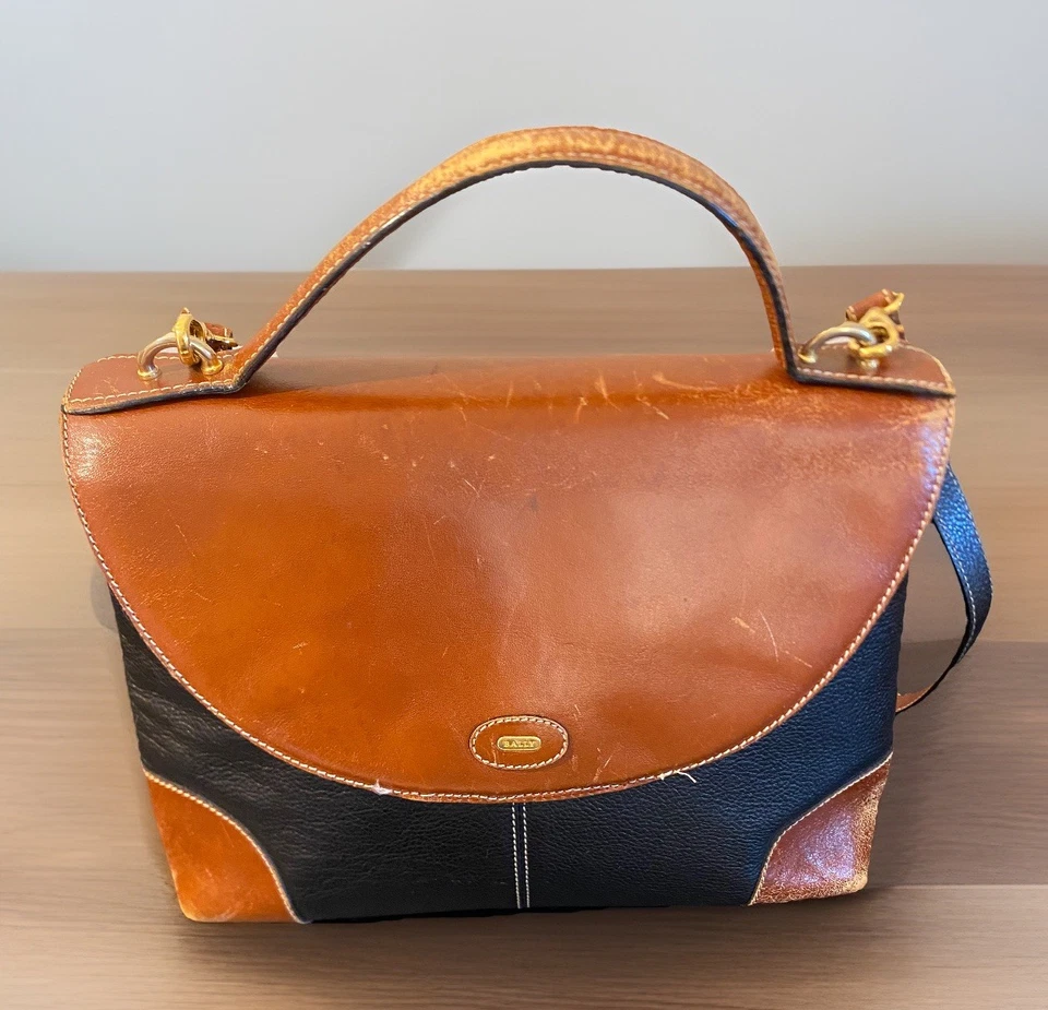 VTG Distressed Bally Black & Brown Pebble Leather Top Handle Satchel Purse Read - Image 1 of 4