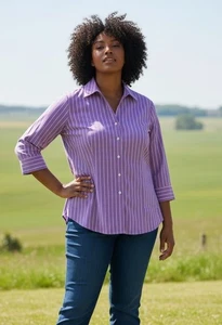 Land’s End Damen 18W Hemd lila gestreift Knopfleiste bügelfrei Stretch Bluse - Bild 1 von 13