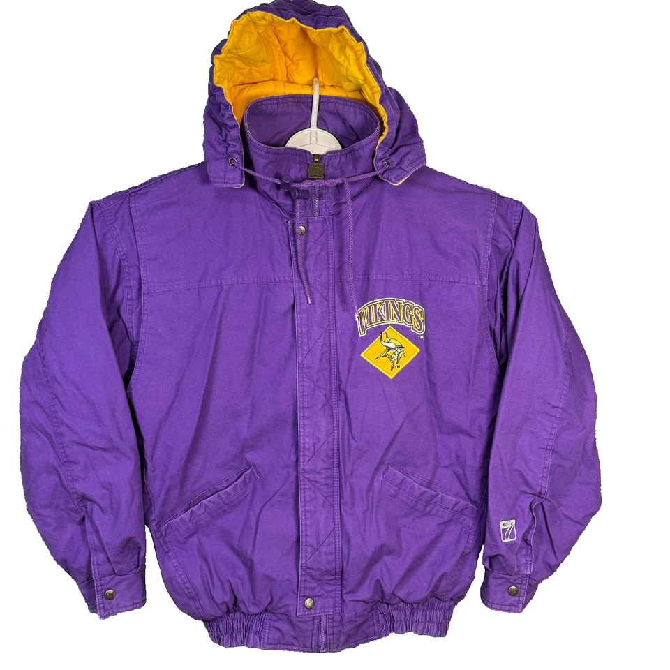 Vintage 90's Logo 7 Minnesota Vikings Heavy Jacket Men's Lg Purple Yellow Cotton - Image 1 of 4