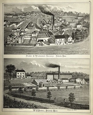 Impresión original de 1884, Pinder & Winchester Tannery & Brown Factory, Peabody, Mass, MA Foto 1 de 4