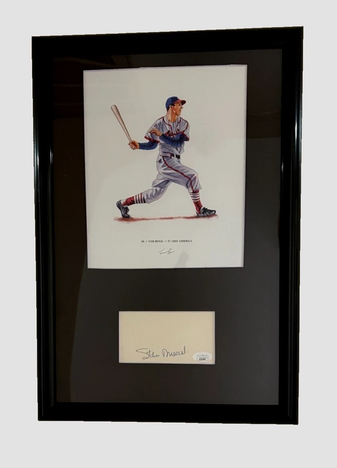 Stan Musial - 12x18" Framed Signed Card and 8x10 Art Cardinals HOF Auto JSA COA - Image 1 of 4