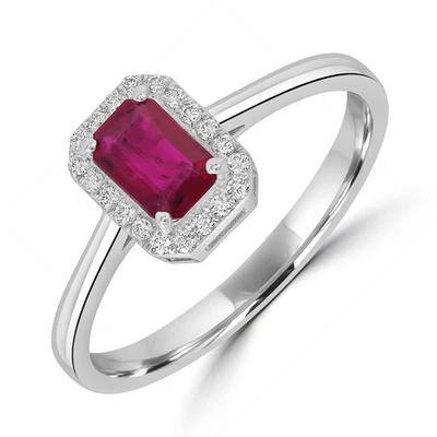 Anillo de oro blanco de 18 quilates con halo de diamantes rubí corte esmerald... - Imagen 1 de 4