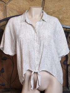 Nine West Women Front Tie Short Sleeve Blouse Beige XL Summer Rayon Top Y2K  - Picture 1 of 7