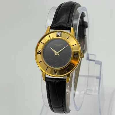 Vintage 1993 Women's Bulova ACCUTRON Gold Tone, Diamond Accent, Black Dial Watch - Image 1 of 4