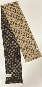 Bufanda de lana Gucci beige y marrón oscuro logotipo GG 600947 4G206. 180x25cm Hecho en Italia - Imagen 1 de 8