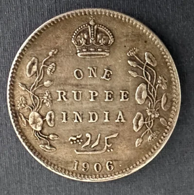 Moneda de plata de 1 rupia de la India británica de 1906 -- En muy buen estado/excelente Foto 1 de 2