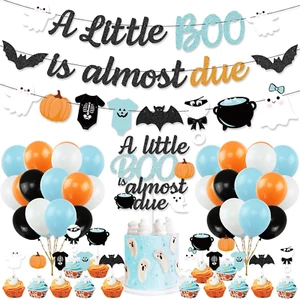 Blue Halloween Baby Shower Decorations, a Little Boo Is Almost Due Banner,Cute G - Picture 1 of 12
