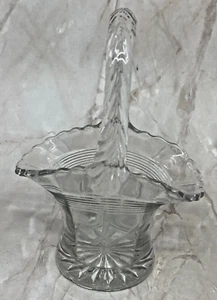 Vintage Etched Clear Glass Flower Vase Basket 5in Feathered Pressed Glass Handle - Picture 1 of 8