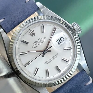 Rolex Mens Datejust Gold & Steel Silver Index Dial Leather Band 36mm Watch 1601 - Picture 1 of 17