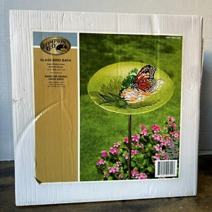 Vintage Hampton Bay Hand Painted Glass Butterfly Design Bird Bath New Old Stock - Picture 1 of 10