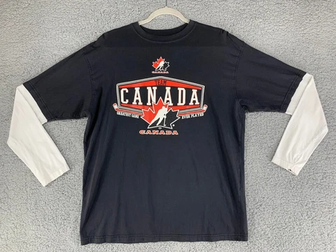 Vintage Team Canada Hockey Shirt Mens Large Black Long Sleeve Cotton Casual Logo Cover