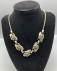 Rare Vintage Silver-Tone Roses With Rhinestone Centers Choker Necklace 17 Inch