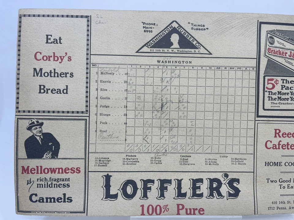 Antigua tarjeta de puntuación de béisbol 1920 Washington Boston Red Sox anuncios de colección RARA Foto 1 de 4