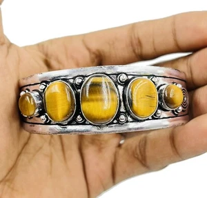 925 Sterling Silver Tiger's Eye Gemstone Handmade Jewelry Men's Cuff Bracelet - Picture 1 of 5