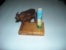 Welcome Philippines Wood Bull Sculpture On Base ~ Art Statue Figurine 4" H x 4"W