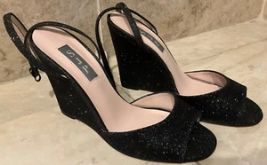 SJP Strappy High Heel Womens 36.5 Black Glitter Fine Doozy Open Toe Metallic 6 - Picture 1 of 12