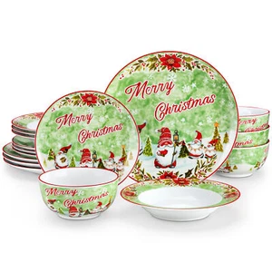 VEWEET 16-Piece Xmas Bowls and Plates Set Porcelain Dinnerware Set for Christmas - Picture 1 of 24