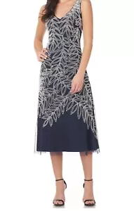 JS Collections Women's Sleeveless V-Neck with Large Pearl Leaf Beading Navy 10 - Picture 1 of 22