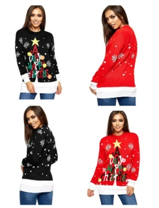 Mujer Tejido Feliz Navidad Manga Larga Árbol de Navidad Damas Pom Jumper 8-24 - Imagen 1 de 7