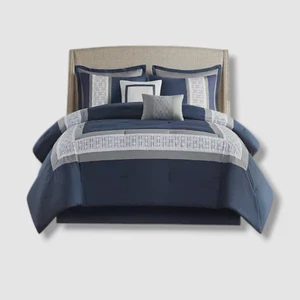 510 Design Blue Navy Powell 8-Piece Embroidered Comforter Set, King Size - Picture 1 of 4
