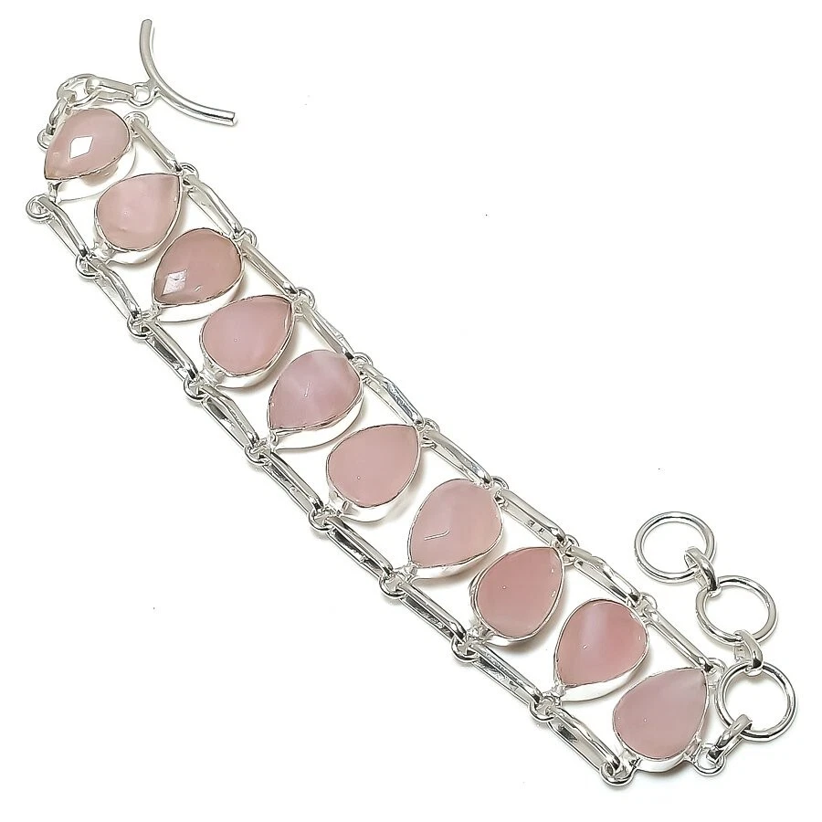 Natural Rose Quartz Gemstone 925 Sterling Silver Jewelry Bracelet Size 7-8" - Image 1 of 1