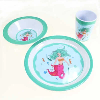 Kinder Geschirr-Set 3-teilig Becher Teller Schüssel Melamin Meerjungfrau - Bild 1 von 2