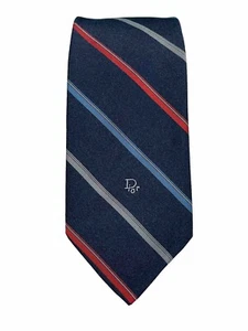 Vintage Christian Dior Men Neck Tie Diagonal Stripe Navy Red Gray Logo 56” x 3” - Picture 1 of 7