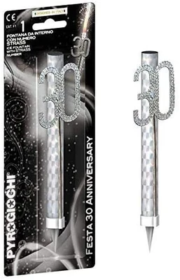 Candela Fiaccola 30 anni - Fontana per Torta con numero glitterato Argento - Immagine 1 di 2