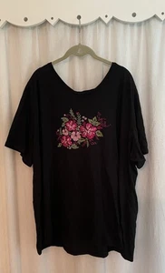 T-shirt donna Catherines 2X ricamate paillettes ibisco floreale scollo a V nero rosa - Foto 1 di 8
