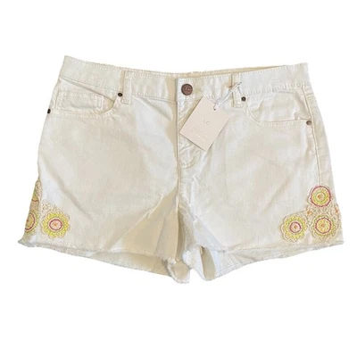 Nuevo Pantalones Cortos de Denim Lauren Conrad Mujer Talla 10 Blanco Bordado Elástico Tiro Medio Foto 1 de 4