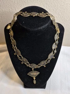 Damascene Shakudo Fan Necklace 16 Inch and Matching Bracelet 7 Inch Vintage - Picture 1 of 20