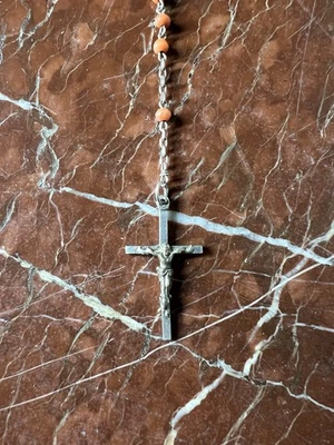 Ancien Chapelet en argent massif poinçonné et perles de corail naturelle, 19ème - Photo 1/4