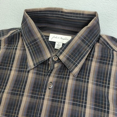 John W Nordstrom Shirt Mens Large Brown Blue Plaid Button Up Long Sleeve Casual - Image 1 of 4