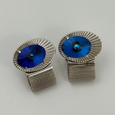 Dante Silver Tone Mesh Cufflinks Blue Faceted Glass Stone Retro Mid Century Vtg - Image 1 of 4
