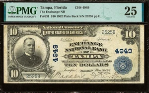 1902 $10 TAMPA, Florida Exchange National Bank CH. #4949 PMG VG-25 - Picture 1 of 2