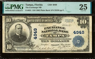 1902 $10 TAMPA, Florida Exchange National Bank CH. #4949 PMG VG-25 - Image 1 of 2