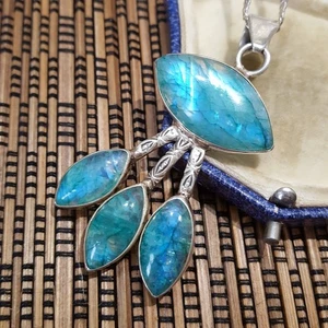 Vintage 925 Sterling Silver Necklace, Peacock Labradorite Pendant, Multicolour - Picture 1 of 7