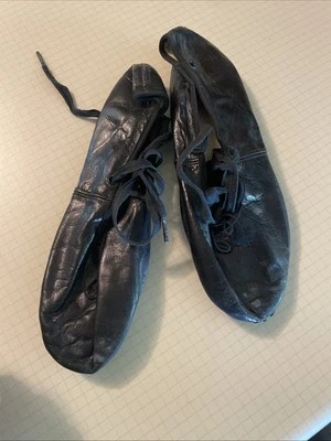 复古 1930 年代儿童芭蕾拖鞋,黑色皮革 — 第 1/3 张图片